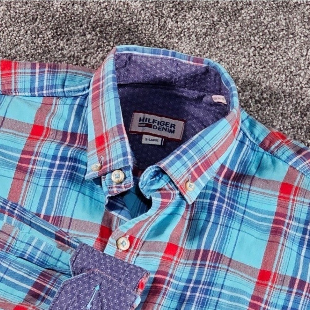 Hilfiger Denim ButtonDown Mens XL Turquoise Plaid SlimFit L/S shirt  Preppy Y2K